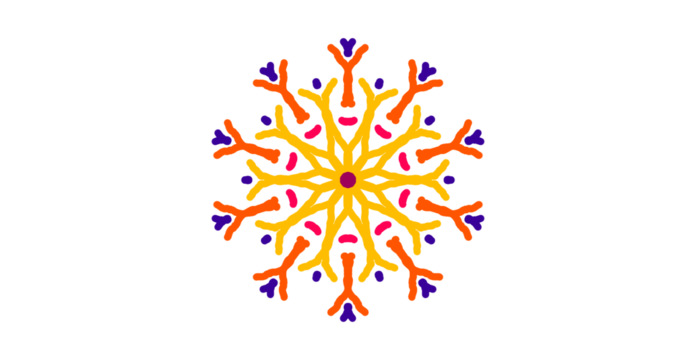 Vibrant, symmetrical mandala design featuring radiating shapes in orange, yellow, and