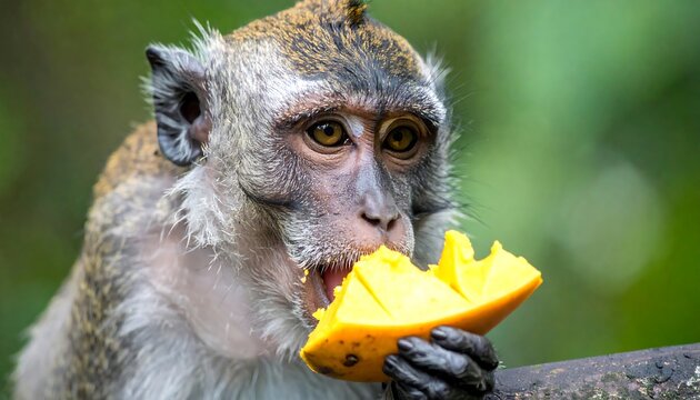 Close-up of monkey eating a mango slice