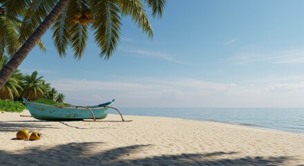 Fototapeta premium Serene Beach Scene - Boat, Palms, and Tranquil Ocean Under Blue Sky.