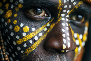 Close-up of an African man with white dots and red shapes painted on his face