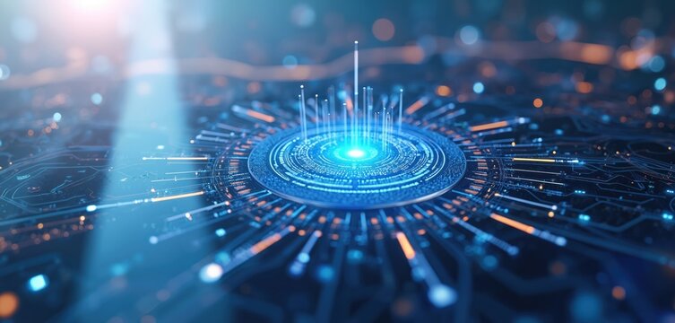 Illustration presents digital infrastructure, cyberspace, global network connection. Modern tech design represents data processing, communication, cloud computing. Innovation of online platform for