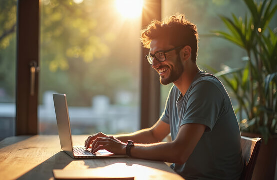 Happy freelancer works on laptop at home during sunset time. Remote worker types text on keyboard, smiles. Man coding, web designer, blogger or businessman uses computer. Distance work concept.