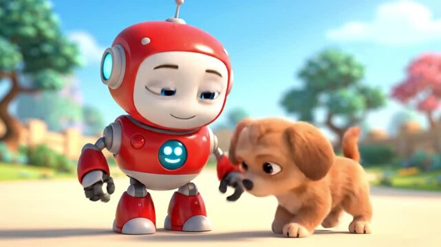 Friendly robot and adorable puppy sharing a tender moment in a sunny, playful scene