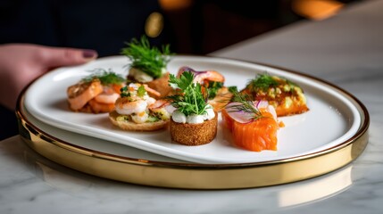 Exquisite gourmet seafood platter featuring shrimp, salmon, and garnishes elegantly presented