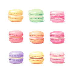 Colorful watercolor macarons in pastel shades on black background, cut out