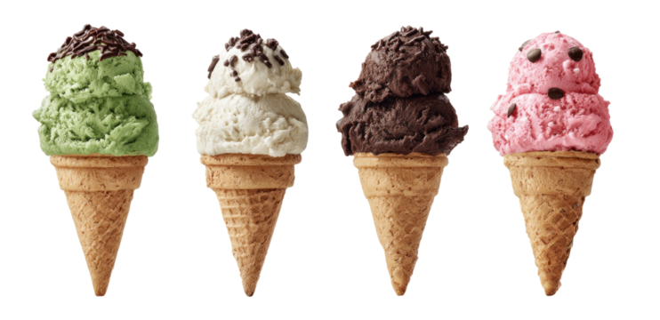 Four ice cream cones, assorted flavors, topped with sprinkles