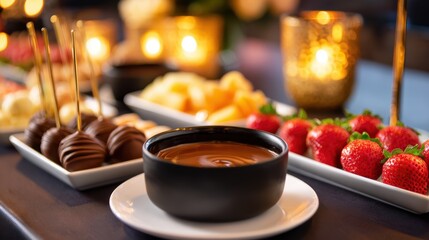 Indulgent dessert table featuring chocolate fondue surrounded by fresh fruits and gourmet treats