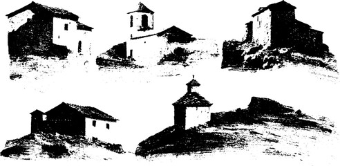 Obraz premium Constructivist architecture silhouette set in black ink for design and art projects