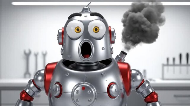 Oh no robot meltdown humorous animation sequence with surprised expression and smoke effects, perfect for tech humor