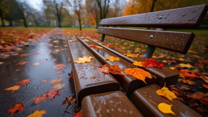 Empty park bench covered in fallen autumn leaves after a rain shower
