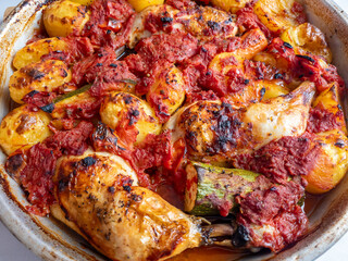 Close up of a tray of home made baked chicken legs with potatoes, chopped tomatoes and mixed vegetables.