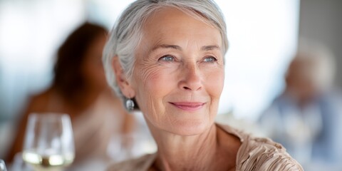Woman with a smile on her face is sitting at a table with a glass of wine