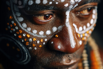 Close-up of an African man with white dots and red shapes painted on his face