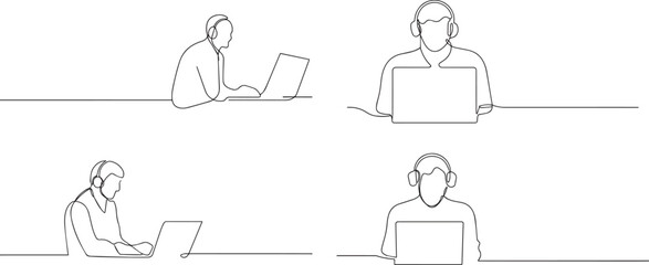 Set of man working on laptop one continuous line art, Vector illustration, One line art, Line art graphic style