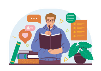 A man in glasses and hoodie writes in a notebook, surrounded by books, plant, and social icons on a light background. Concept of creativity and planning. Vector illustration