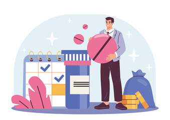 Man in suit holding a large pill next to a medicine bottle, calendar, and coins in a flat graphic style on a light background. Concept of medication schedule. Vector illustration