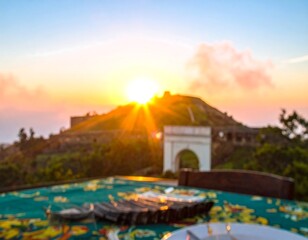 Blurry sunset view from a hilltop restaurant