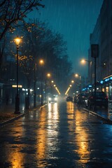 Fototapeta premium Rainy Night City Street Warm Lights and Reflections Urban Scene