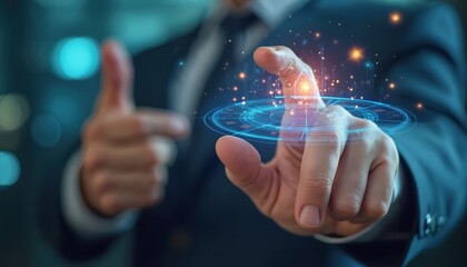 Businessman touches digital import tariffs hologram. Man presses innovative tech screen, activates global economy control interface. Futuristic tech concept, digital transformation of international