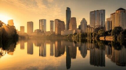 Obraz premium Sunrise over a city reflected in a calm lake