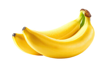 Two ripe bananas, slightly overlapping, against a black background.  They are a bright, vibrant yellow with a smooth skin.  Green stem caps are visible at the top