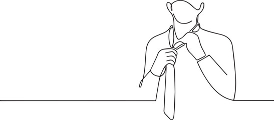 man tying necktie one continuous line art, Vector illustration, One line art, Line art graphic style