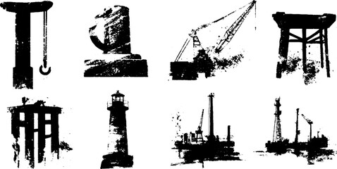 Obraz premium Industrial silhouettes of docks and shipyards with cranes and lighthouse