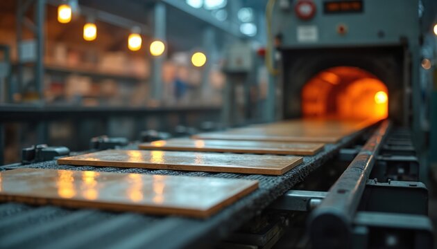 Ceramic tiles production line, after passing dark oven, industry processes. Conveyor belt transports tiles. Tile manufacturing in process. Heat treatment, quality control. Factory environment,