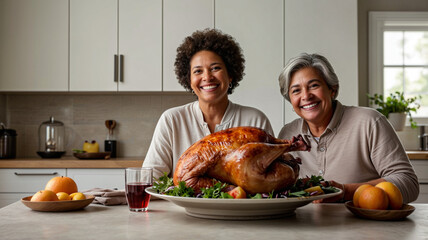 Two women smiling while celebrating Thanksgiving in a cozy kitchen