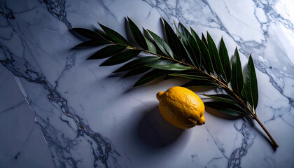 Lulav and Etrog Composition on Marble Surface. Sukkot concept. Generated Image