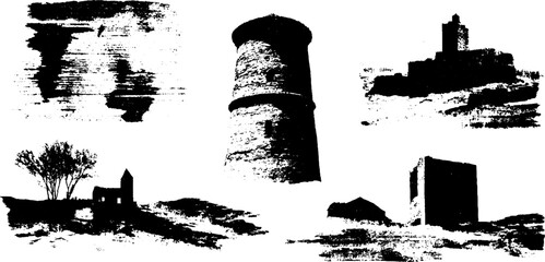 Obraz premium Black ink silhouette set of dystopian ruined city structures
