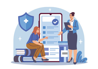 Female patient consulting a professional about health insurance using a mobile app, digital style, with a shield and checklist in the background. Vector illustration