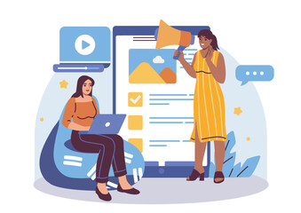 Two women collaborating on digital marketing with laptop and megaphone, flat graphic style, on white background. Concept of online promotion. Vector illustration