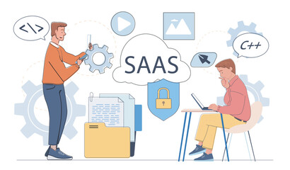 Two male characters interact with laptops and gears, surrounded by SaaS icons, cloud and security symbols on white background. Concept of cloud software service. Vector illustration
