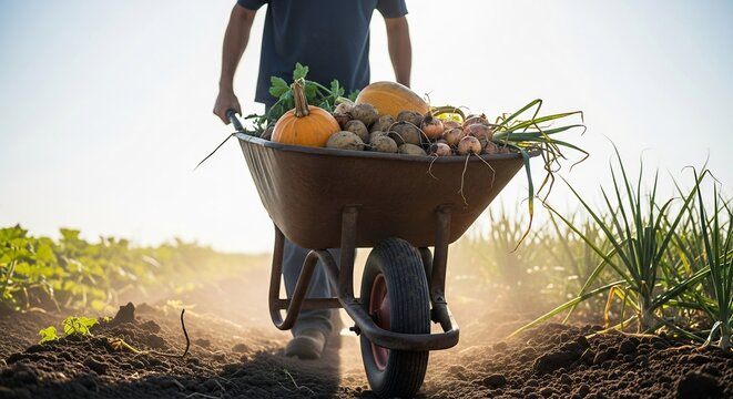 Hardworking farmer pushing wheelbarrow full of freshly harvested organic vegetables and root crops in a sunny farm field.