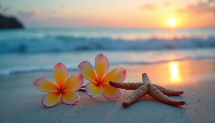 Fototapeta premium Frangipani flowers with starfish on beach at sunset. Tropical plumeria blooms on sand, seashore. Romantic vacation theme, spa, floral beauty, exotic paradise atmosphere, vacation. Summer, vacation,