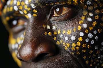 Close-up of an African man with white dots and red shapes painted on his face
