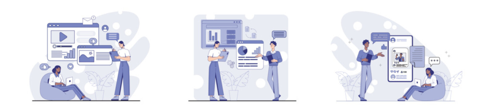 Business people using digital tools for video, data, and social media management in flat graphic style on abstract background. Concept of teamwork and strategy. Vector illustration