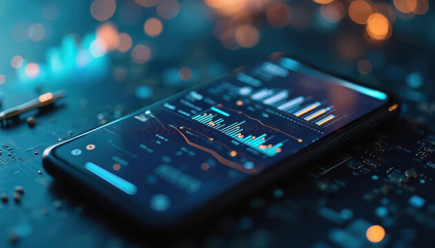 Smartphone screen displays data analytics chart. Graphs, statistics, metrics on device screen. Modern tech concept for business, finance, big data analysis, market research, digital transformation,