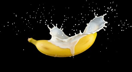 Fresh banana is splashing with milk in a dynamic and vibrant burst of flavor creating a visually striking and refreshing display on black background