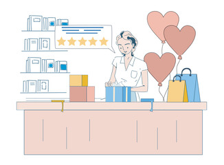 Woman wrapping gifts at service counter with heart balloons, shelves, and shopping bags in background, representing excellent customer service. Vector illustration