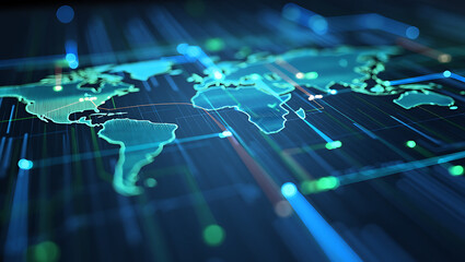 An abstract digital world map representing global business, data networks, and interconnected communication concepts