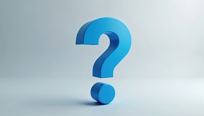 Bold blue question mark symbol on clean light background. 3D render of punctuation for quiz, education, problems, solutions, curiosity, information seeking, research. Simple, bold graphic design.