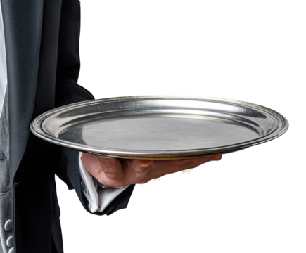 A waiter's hand holds a shiny empty silver platter