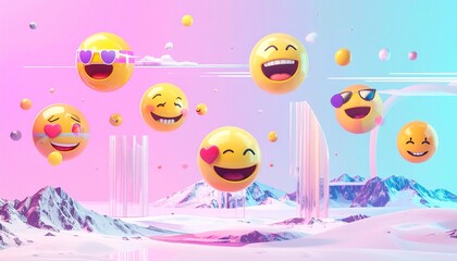 Generated image: Surreal internet aesthetic collage: floating emojis, distorted 3D smiley faces, glitchy digital background.