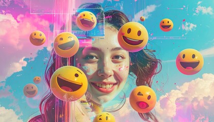 Generated image: Surreal internet aesthetic collage: floating emojis, distorted 3D smiley faces, glitchy digital background.