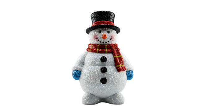 Sparkly glitter snowman figure wearing a top hat, red scarf, and blue mittens, standing as a festive winter holiday decoration, Transparent Background.