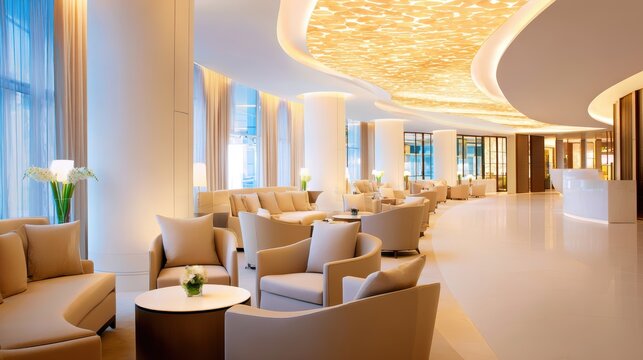 Elegant modern lounge interior with soft lighting, stylish seating, and serene floral arrangements