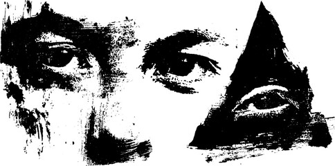 Abstract black ink silhouette of wide open eyes with rough texture for creative design
