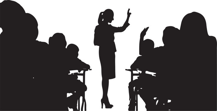 Silhouette of a teacher raising hand in a classroom with students raising hands education learning